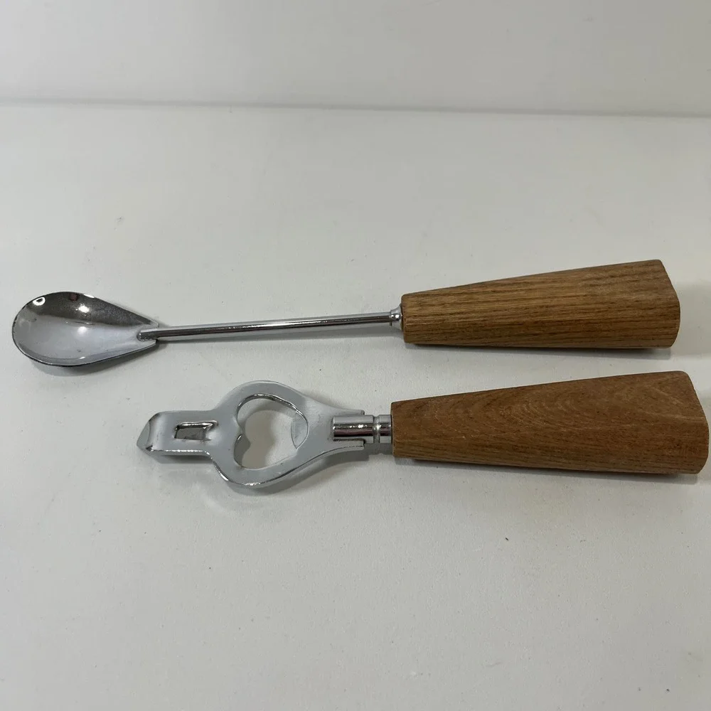 Vintage Japan Barware Set Wood Handle Bottle Opener Stirring Spoon MCM Cocktail